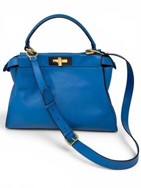 Fendi Peekaboo Regular 8BN290 Electric Blue Leather Top Handle Crossbody Bag